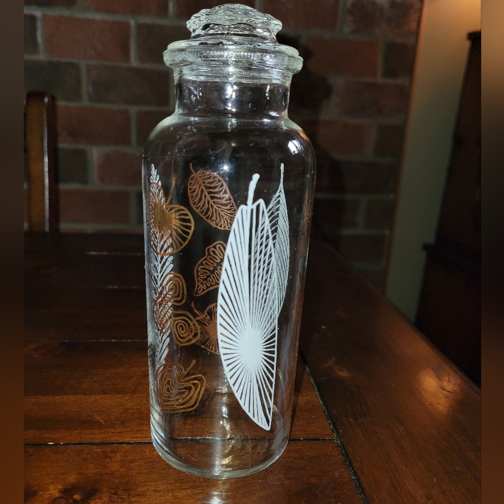 Mid Century Modern Federal Glass Apothecary Jar w/ Gold & White Printed Design